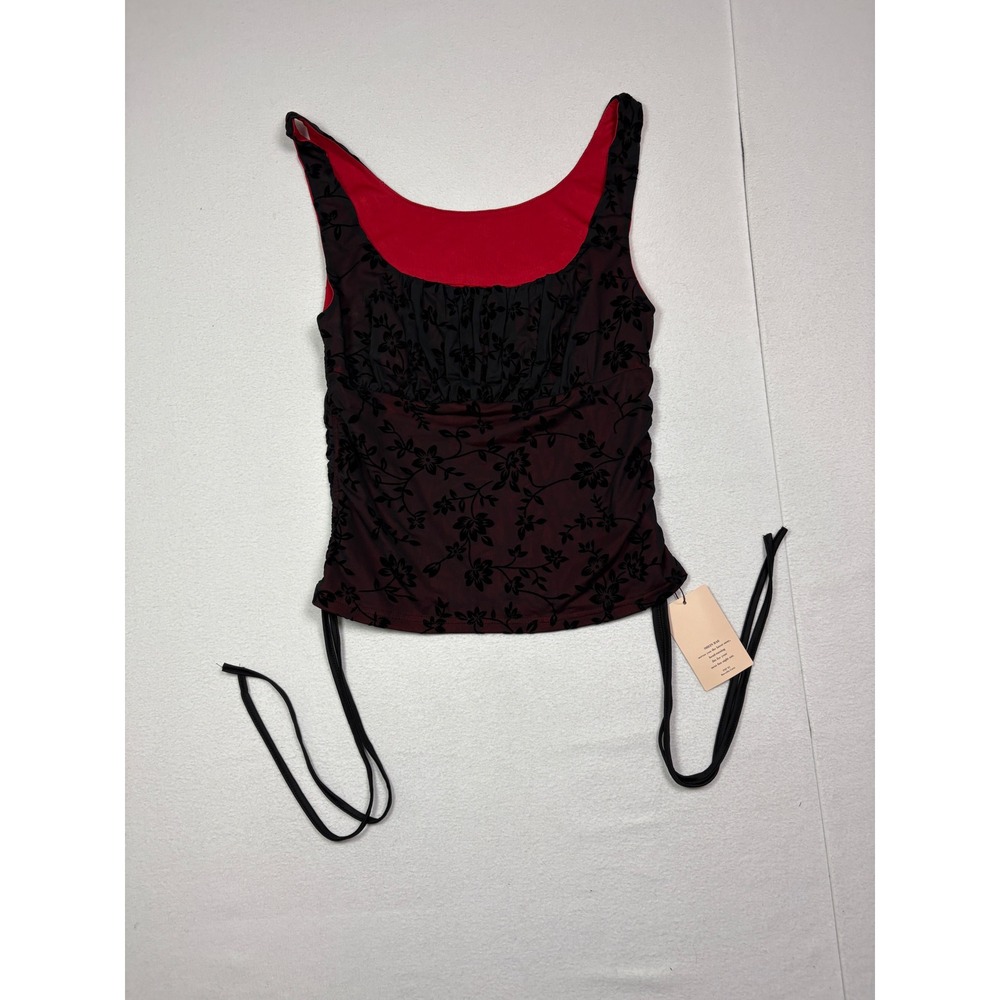 Shein Curve 0XL Black Red Floral Flocked Ruched Tank Top NWT